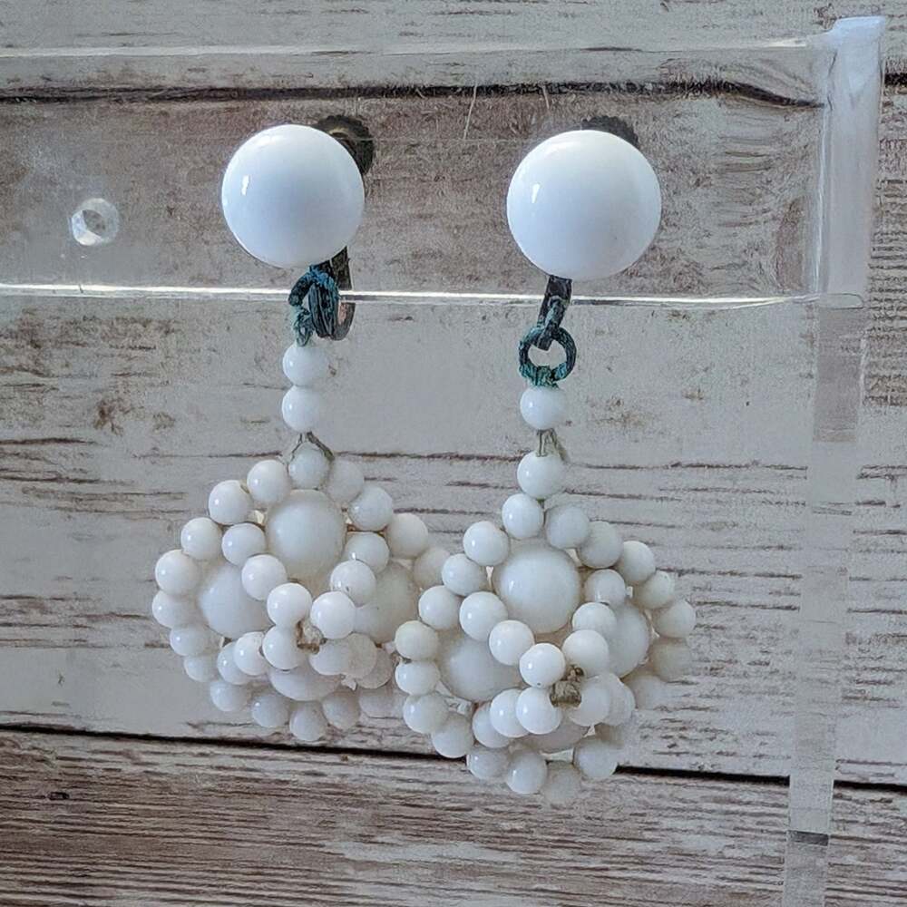 Vintage Screw On Earrings - Off White Beaded Dangle - Fair Condition